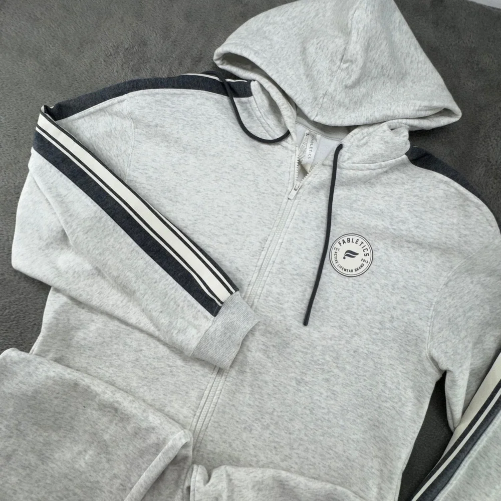 Fabletics Light Grey Heathered Full Zip Hoodie Sweatshirt Jogger Pants Womens L - Picture 1 of 16